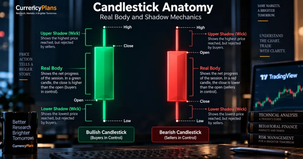 How to read a crypto price chart: the complete guide to candlesticks, support/resistance, indicators, and market structure Detailed technical diagram explaining how to read crypto price chart candlestick anatomy with bullish green and bearish red candles labeled with upper wick, real body, lower wick, open, high, low, and close.