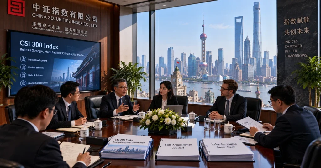 China shanghai csi: the complete guide to the csi 300 index, methodology, and china a-share market structure Institutional index committee members and senior economists reviewing csi 300 semi-annual rebalancing documents in a high-rise shanghai boardroom.