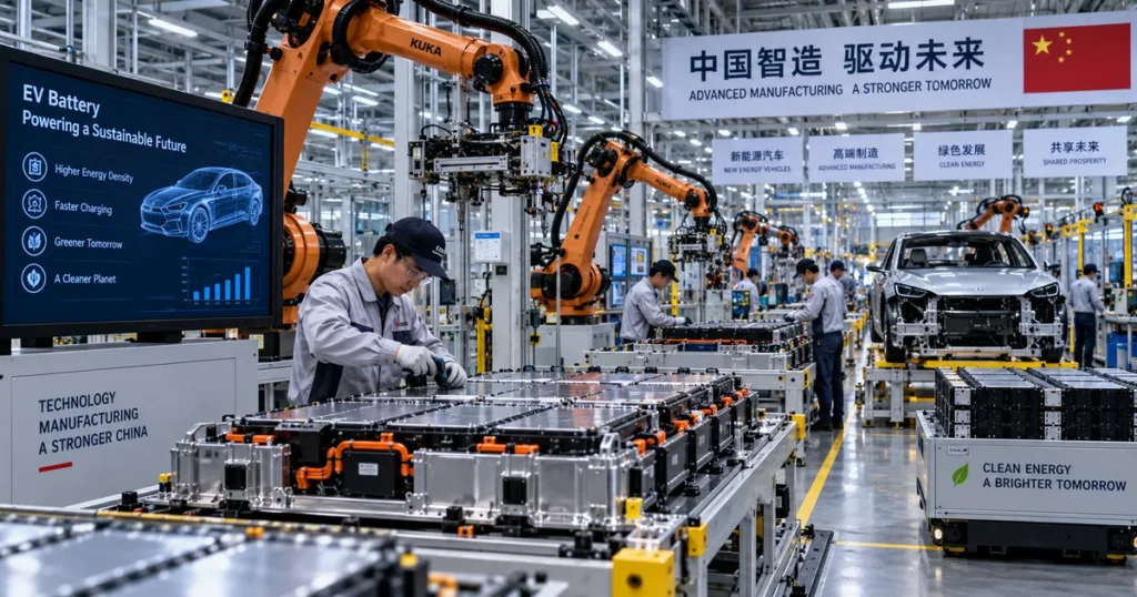 China shanghai csi: the complete guide to the csi 300 index, methodology, and china a-share market structure Industrial panoramic photograph of advanced chinese electric vehicle battery manufacturing facilities and high-tech robotics logistics representing csi 300 industry weightings.