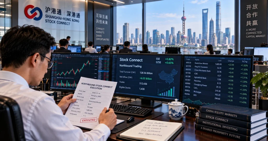 China shanghai csi: the complete guide to the csi 300 index, methodology, and china a-share market structure Institutional portfolio manager in an executive office in shanghai reviewing northbound stock connect trade confirmation tickets and daily settlement reports.