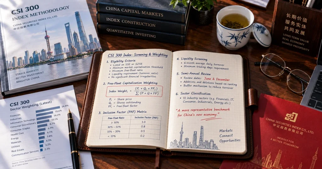 China shanghai csi: the complete guide to the csi 300 index, methodology, and china a-share market structure Top-down desk still life featuring an open leather notebook with handwritten mathematical formulas for csi free-float inclusion ratios and liquidity rankings.