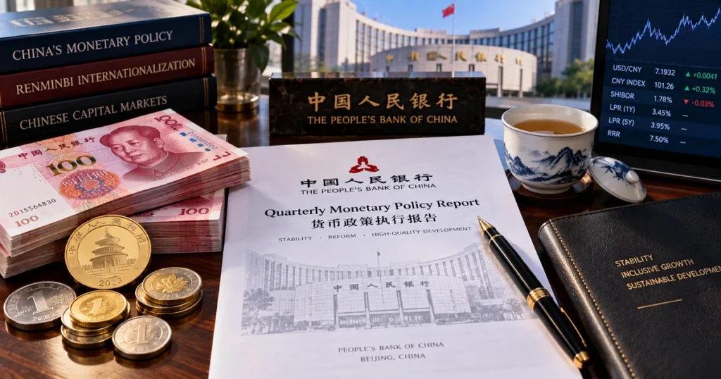 China shanghai csi: the complete guide to the csi 300 index, methodology, and china a-share market structure Macro photograph of chinese renminbi polymer banknotes, commemorative coins, and official people's bank of china monetary policy statement documents on an executive desk.