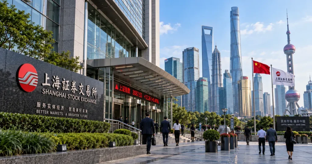China shanghai csi: the complete guide to the csi 300 index, methodology, and china a-share market structure Architectural exterior photograph of the shanghai stock exchange building and modern skyscrapers in the lujiazui financial district of pudong shanghai under crisp daylight.