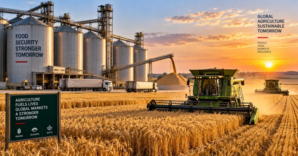 Expansive photograph of modern commercial grain silos standing beside golden wheat fields during an active harvest with agricultural combines.