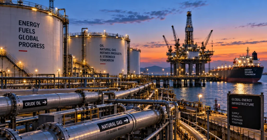 Industrial panoramic photograph of an energy transit terminal showing massive crude oil storage tanks and high-pressure transmission pipeline conduits.