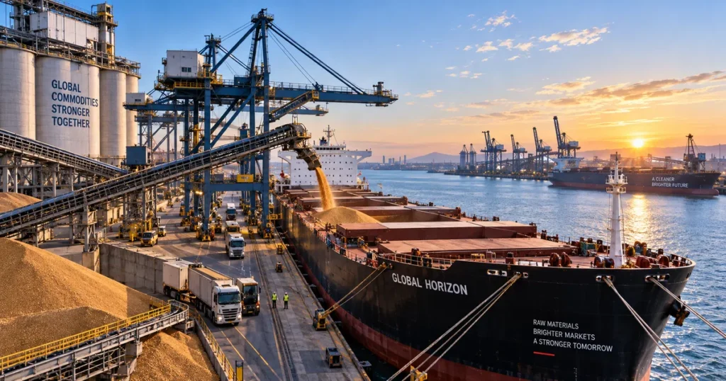 Panoramic industrial photograph of a deepwater commercial port with bulk cargo ships loading raw agricultural and mineral commodities under morning sunlight.