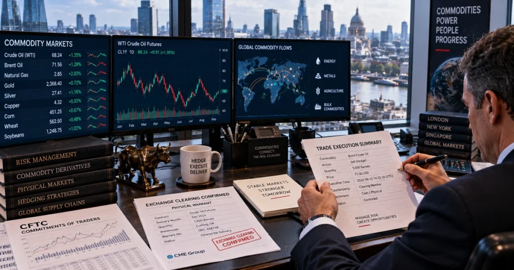 Senior commodity derivatives trader at an institutional office desk reviewing printed trade execution summaries, warehouse warrants, and cftc commitments of traders reports.