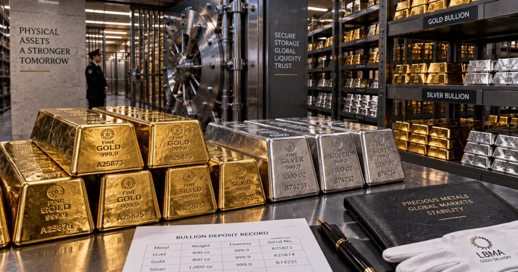Interior view of a secure institutional bullion vault displaying stacks of assayed 400-ounce gold bars and 1,000-ounce silver ingots on reinforced steel shelving.