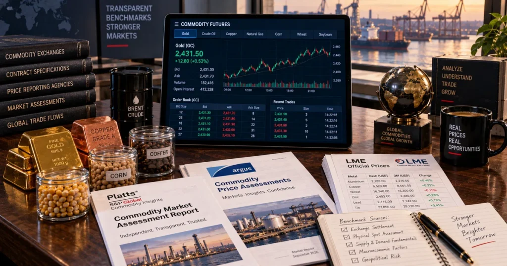 Commodity prices: how they are determined, key drivers, and futures pricing Executive trading terminal showing commodity benchmark price formation, electronic order matching, and pra market assessment reports.