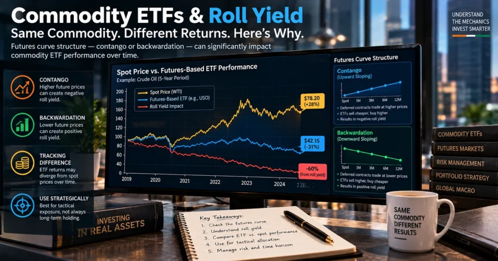 Financial chart comparing spot commodity price movements against a futures-based etf experiencing performance drag from contango.