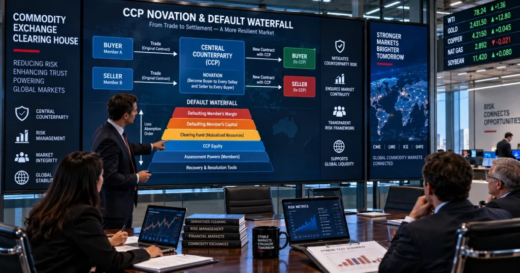Quantitative risk diagram on an institutional display showing central counterparty novation and default waterfall layers in commodity clearing.