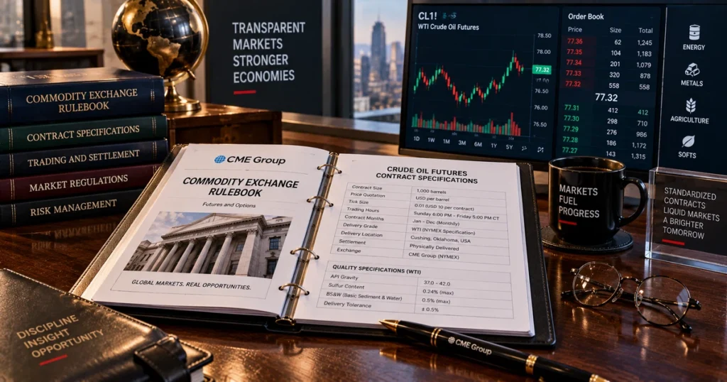 Executive trading desk displaying official commodity exchange rulebook binders, contract specification sheets, and market depth order books.