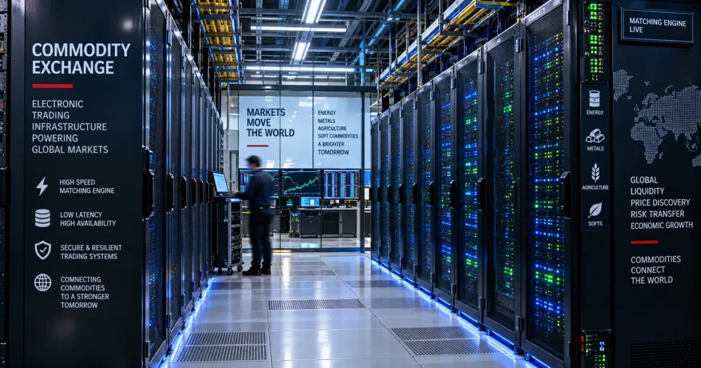 Modern high-frequency electronic matching engine server facility operating within a global commodity exchange datacenter.