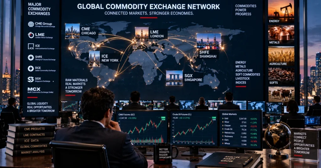World financial map graphics illustrating the interconnected trade flows between chicago (cme), london (lme), new york (ice), and shanghai (shfe).