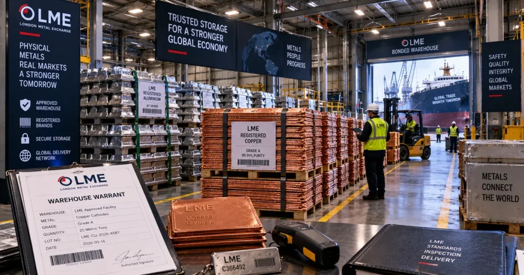 Industrial interior of an exchange-approved london metal exchange bonded warehouse storing verified stacks of high-purity aluminum and copper ingots.