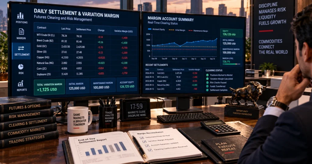 Professional commodity broker reviewing automated end-of-day variation margin account adjustments and daily settlement prices on dual monitors.