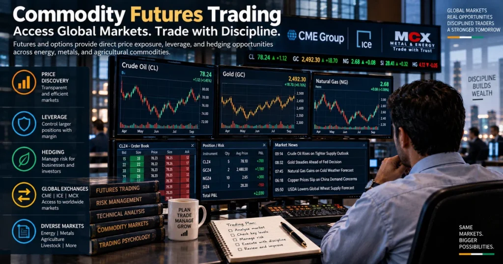 Professional commodity derivatives trader analyzing market depth, tick charts, and order books on multi-screen terminals.