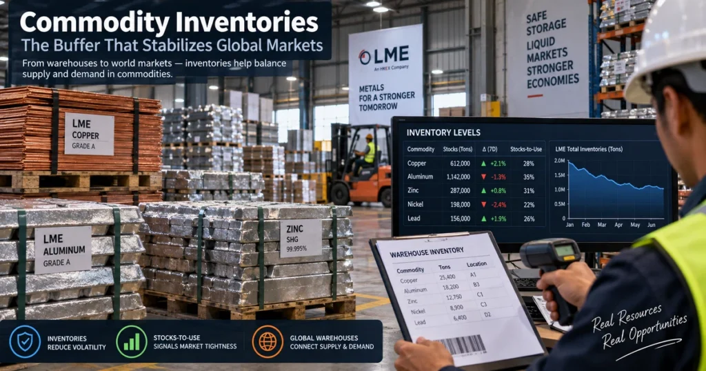 Supply and demand in commodities: the complete guide to market balances, elasticity, and price formation Expansive industrial commodity warehouse stacked with registered lme metal ingots and automated barcode inventory tracking systems.
