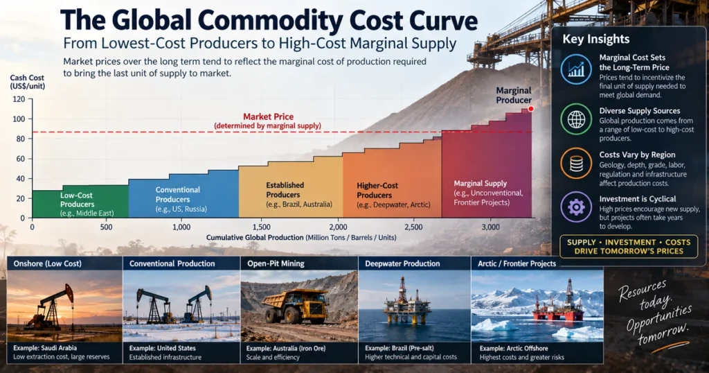 Supply and demand in commodities: the complete guide to market balances, elasticity, and price formation Step-wise global production cost curve charting global commodity supply against cumulative extraction cash costs.
