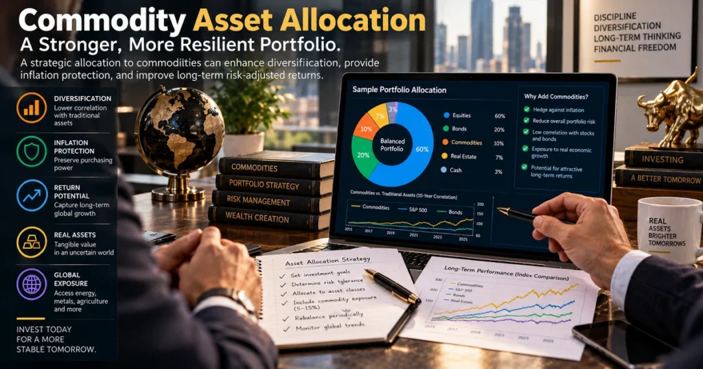 Wealth advisor reviewing diversified asset allocation charts illustrating how to invest in commodities with a modest real asset sleeve inside an investment portfolio.
