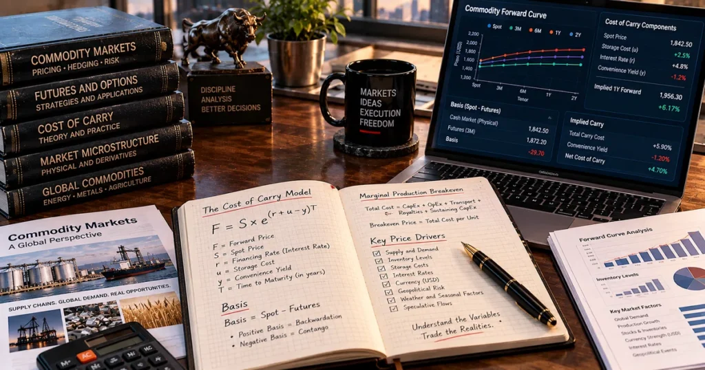Commodity prices: how they are determined, key drivers, and futures pricing Top-down corporate desk still life showing handwritten cost of carry mathematical formulas and basis spreadsheets determining commodity prices.
