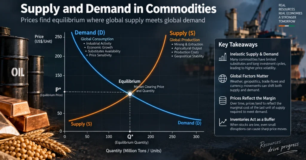 Supply and demand in commodities: the complete guide to market balances, elasticity, and price formation Economic chart showing steep, near-vertical short-run supply and demand curves illustrating high price volatility in physical commodities.