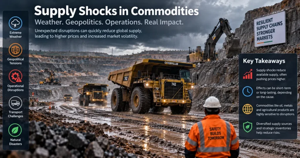 Supply and demand in commodities: the complete guide to market balances, elasticity, and price formation Industrial montage depicting harsh weather conditions over agricultural crop fields alongside deepwater offshore drilling operations.