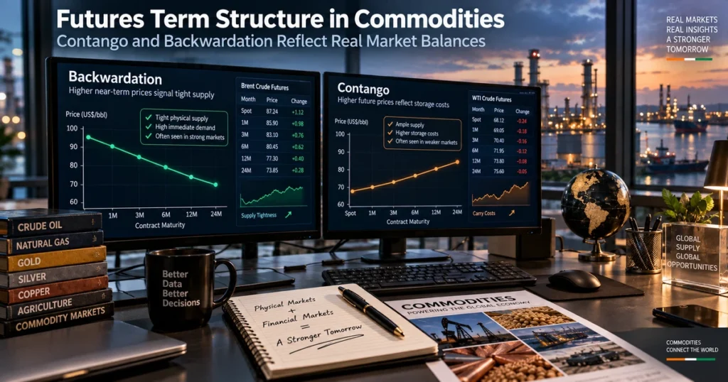 Supply and demand in commodities: the complete guide to market balances, elasticity, and price formation Dual forward curve charts comparing an upward-sloping contango curve against a downward-sloping backwardation curve.