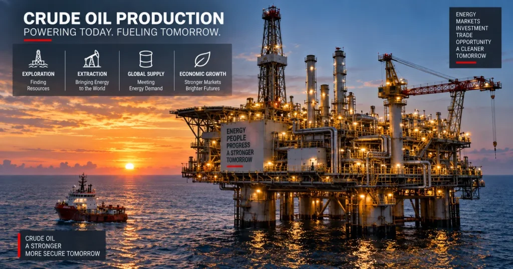 Deepwater offshore oil drilling and extraction platform operating at sunset, illustrating upstream crude oil production.