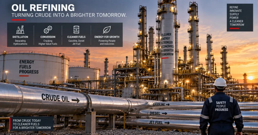Crude oil: the complete guide to global benchmarks, pricing mechanics, and geopolitics Complex industrial oil refinery showing tall catalytic cracking towers and atmospheric distillation columns processing raw crude into fuels.