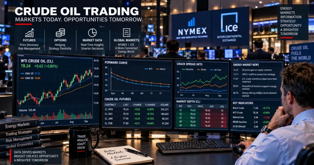 Crude oil: the complete guide to global benchmarks, pricing mechanics, and geopolitics Energy derivatives trader evaluating forward futures curves, crack spreads, and crude oil order books across multi-screen monitors.
