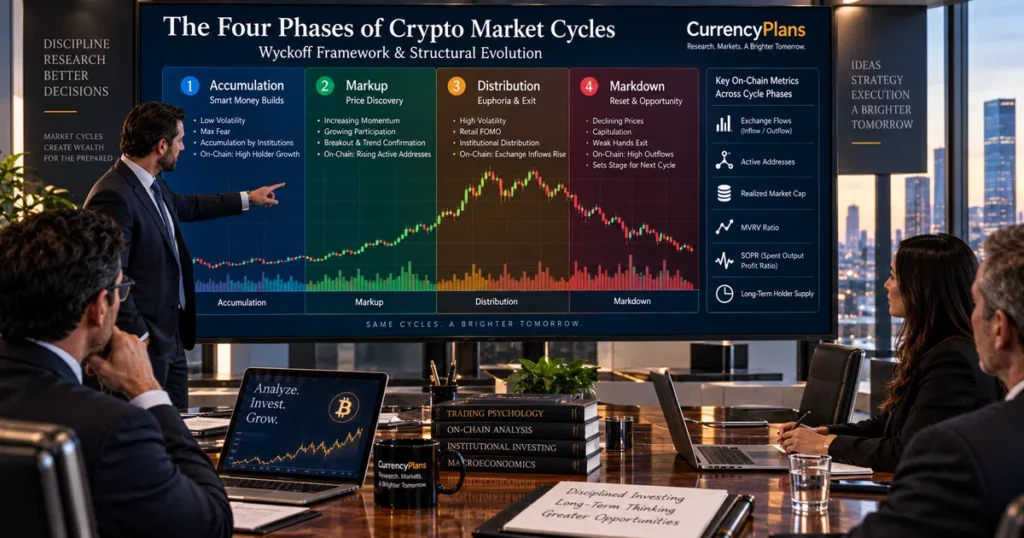 Photorealistic conference room board displaying the four phases of market cycles: accumulation, markup, distribution, and markdown with on-chain metric overlays.