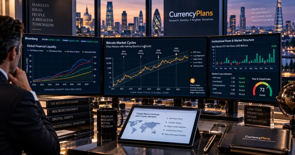 Institutional cryptocurrency trading desk displaying multi-year bitcoin market cycles, halving markers, and macroeconomic liquidity charts across bloomberg terminals.