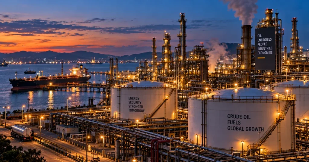 Dow jones this week: dow falls 1. 6% to 52,573 — worst week since march & what next Industrial photograph of coastal oil storage tanks and refinery infrastructure reflecting elevated energy input costs.