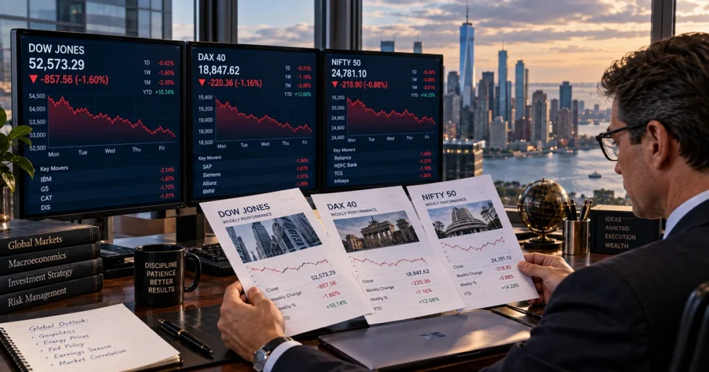 Dow jones this week: dow falls 1. 6% to 52,573 — worst week since march & what next Institutional trader in new york reviewing comparative global performance documents across us, european, and asian equity markets.