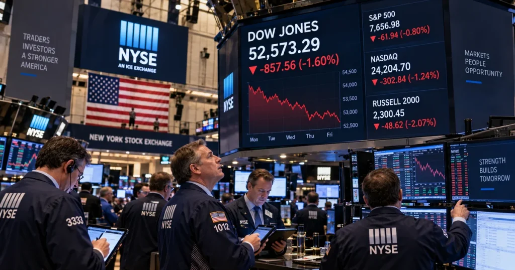 Dow jones this week: dow falls 1. 6% to 52,573 — worst week since march & what next Floor specialists at the new york stock exchange reviewing market pricing screens as dow jones falls 1. 6% for the week.