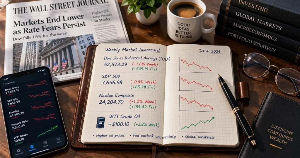Dow jones this week: dow falls 1. 6% to 52,573 — worst week since march & what next Top-down desk still life featuring an open leather notebook with handwritten index weekly close figures for dow, s&p 500, and nasdaq.