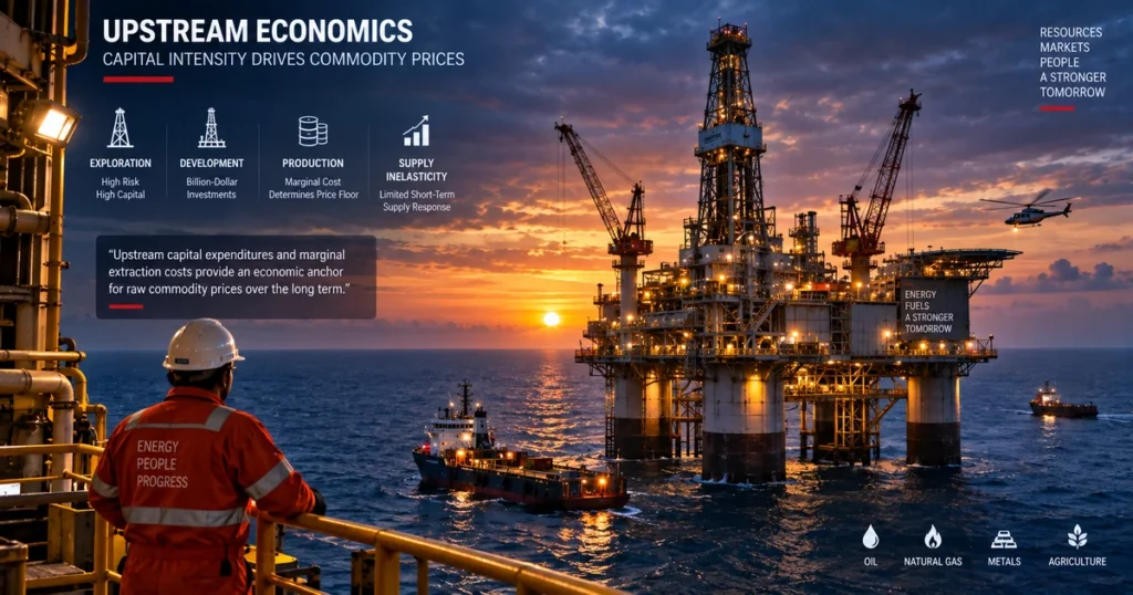 Commodity prices: how they are determined, key drivers, and futures pricing Offshore oil drilling rig at dusk illustrating the factors affecting commodity prices through capital-intensive extraction costs.
