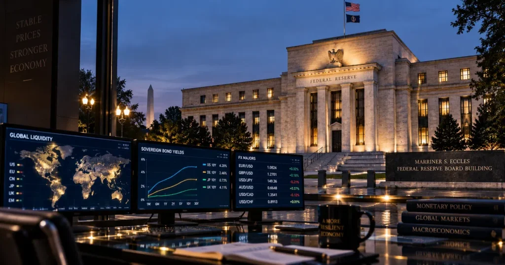 Cinematic realistic photograph of the federal reserve marriner s. Eccles building in washington dc overlaid with subtle analytical trading terminal data and global currency heatmaps.