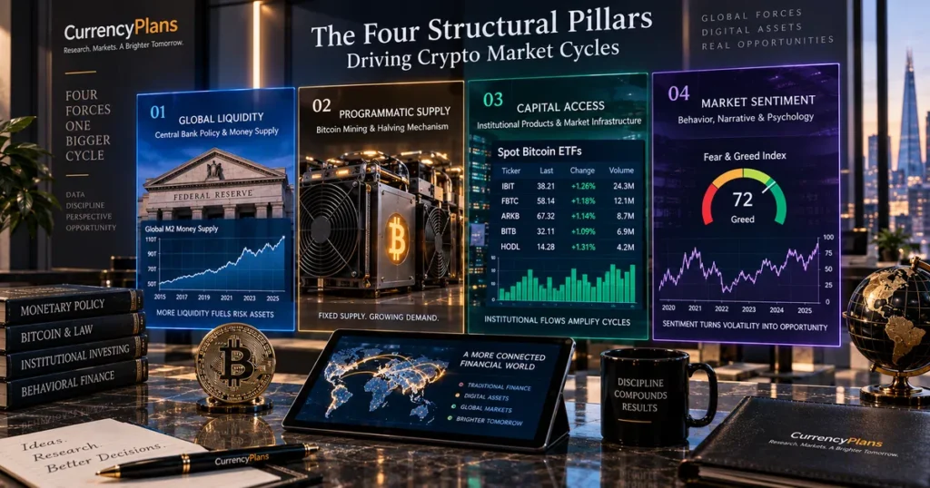 Conceptual realistic photograph illustrating the four structural drivers of crypto market cycles: central bank liquidity, bitcoin mining hardware, institutional trading interfaces, and behavioral sentiment models.