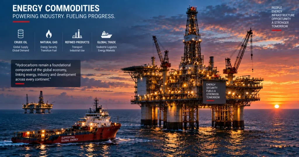 Hard commodities: the complete guide to extracted resources, energy markets, and industrial metals Offshore oil extraction platform operating in deep water under dramatic twilight skies, representing energy sector hard commodities.