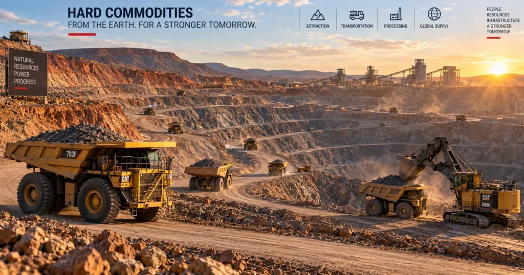 Panoramic view of an expansive open-pit copper and iron ore mine illustrating hard commodities extraction with heavy haul trucks traversing terraced benches.