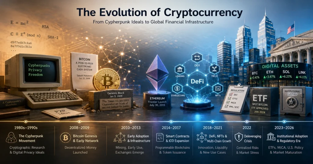 Clean flat vector illustration showing the history of cryptocurrency from early cryptographic research and digital cash experiments to bitcoin, ethereum, defi, and modern institutional digital asset markets on a warm cream background.