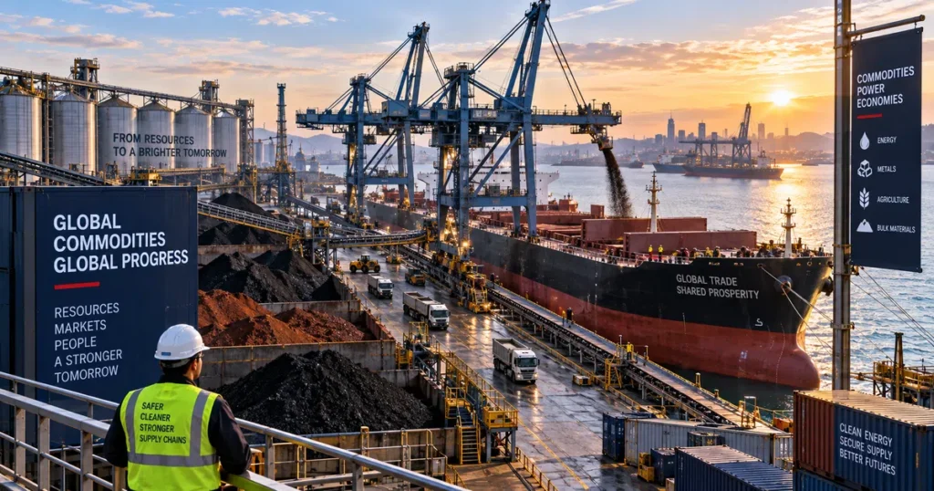Global commodity prices clearing at an industrial commercial shipping port with container cranes loading raw bulk materials onto cargo vessels.