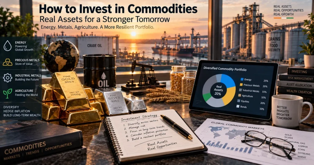 Institutional investor evaluating physical gold bars, crude oil storage tanks, agricultural grain silos, and a multi-asset investment portfolio on an executive desk.