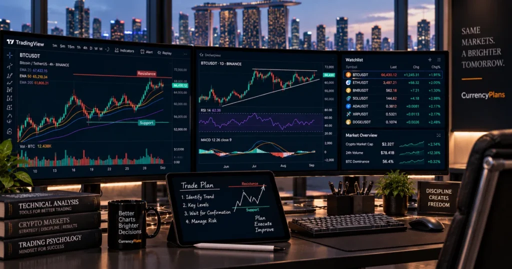 How to read a crypto price chart: the complete guide to candlesticks, support/resistance, indicators, and market structure Professional technical analysis trading workstation displaying multi-timeframe cryptocurrency candlestick charts, volume profiles, and trendline indicators across three monitors.