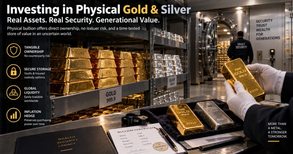 Secure institutional bullion vault holding stacked investment-grade gold and silver bars with serial numbers and assay inspection seals.