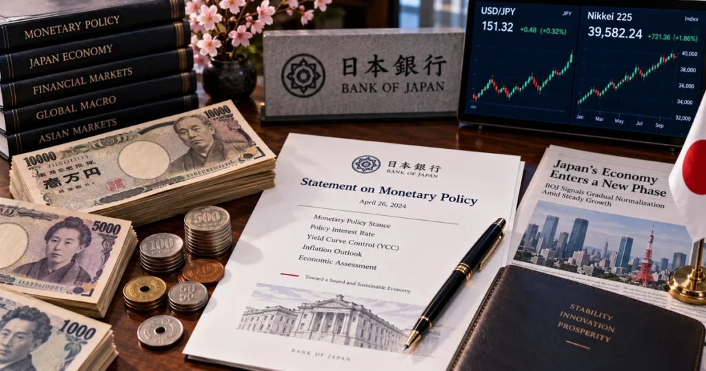 Japan nikkei 225: the complete guide to the nikkei stock average, methodology, and market structure Macro photograph of japanese yen banknotes, coins, and official bank of japan monetary policy statement documents on an executive desk.