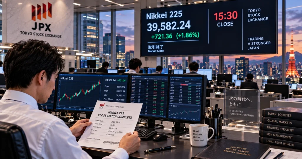 Japan nikkei 225: the complete guide to the nikkei stock average, methodology, and market structure Institutional equity trader in tokyo reviewing trade allocation confirmations following the tse 15:30 closing auction.