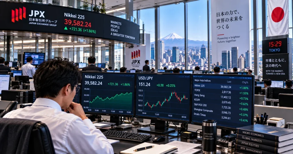 Japan nikkei 225: the complete guide to the nikkei stock average, methodology, and market structure Institutional trading floor in tokyo showing professional traders reviewing multi-screen setups with nikkei 225 ticker data and usd/jpy currency charts.